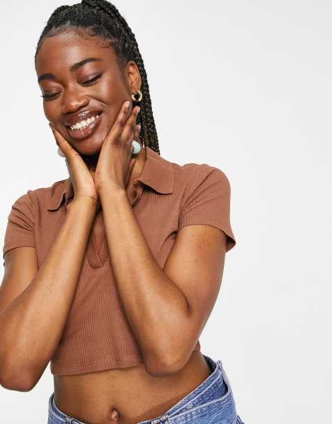 Monki short sleeve collared polo top in brown - view 1