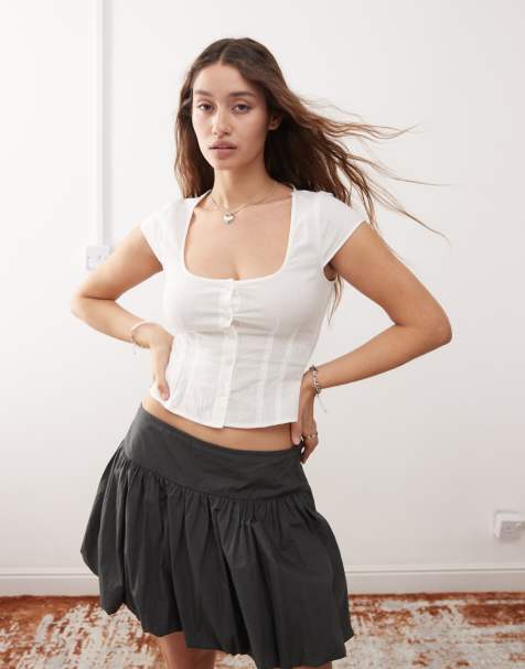 Monki short sleeve cotton scoop neck blouse in white - view 1