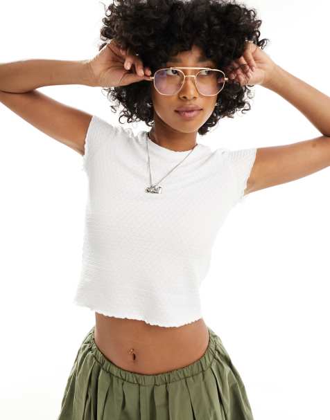 Monki short sleeve crinkle T-shirt with lettuce hem detail in white - view 1