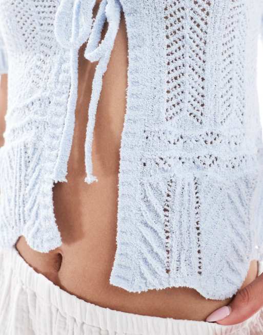 Monki short sleeve crochet tie front knit top in light blue, 4 of 4