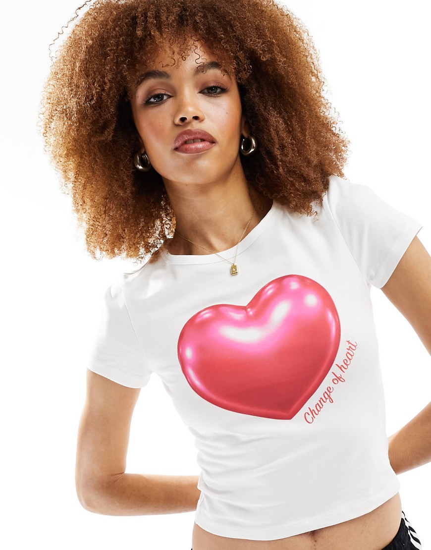 Monki Short Sleeve Fitted T-shirt In White With Heart Front Print In Blue
