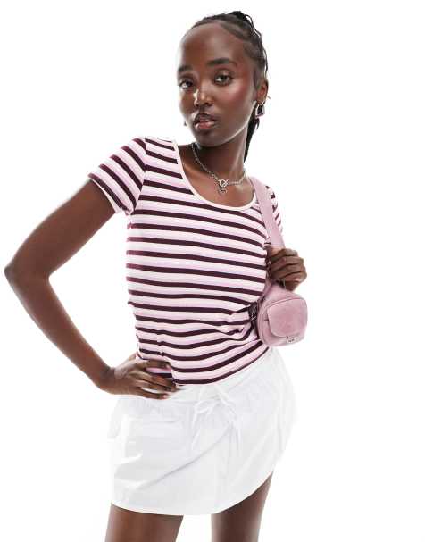 Monki short sleeve fitted top with scoop neck in burgundy stripe - view 1