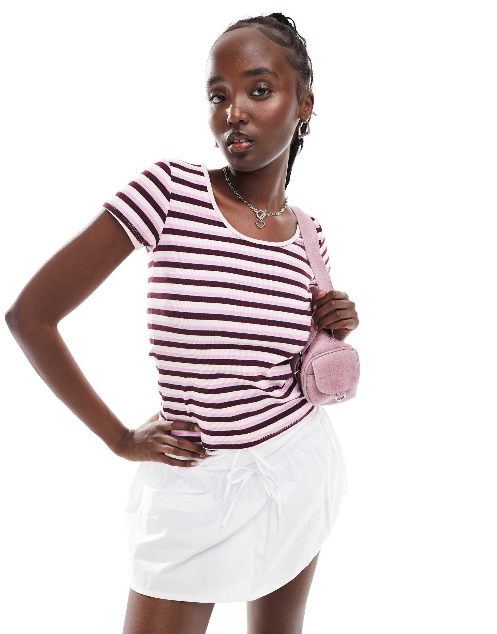 monki short sleeve fitted top with scoop neck in burgundy stripe