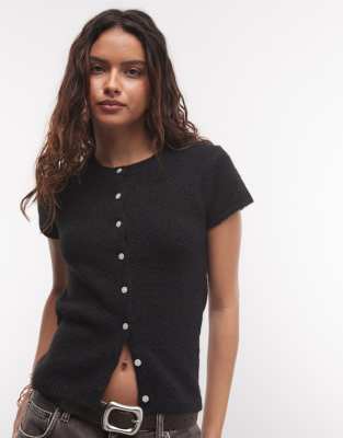 Monki Short Sleeve Knit Cardigan Top In Black