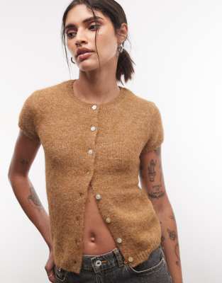 Monki Short Sleeve Knit Cardigan Top In Brown