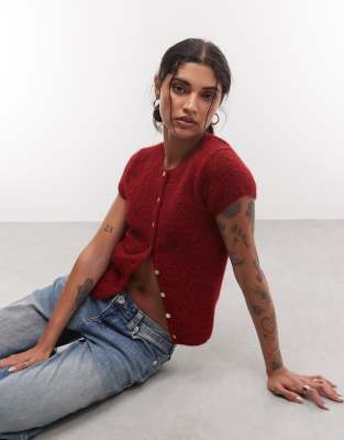 Monki Short Sleeve Knit Cardigan Top In Red