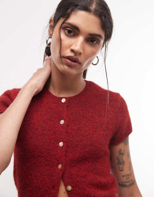 Monki short sleeve knit cardigan top in burgundy, 3 of 4