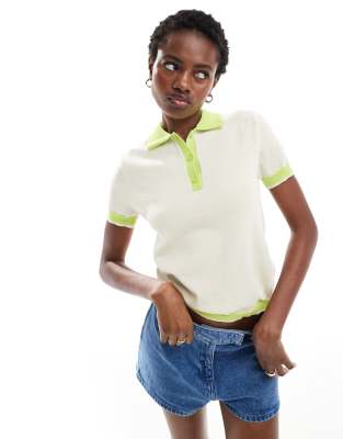 Monki short sleeve knitted polo top in beige and green-Neutral