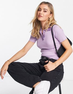 Monki short sleeve knitted polo top in purple