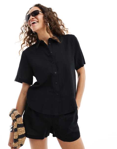 Monki short sleeve linen shirt in black (part of a set) - view 1