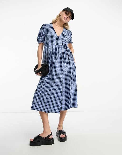 Monki short sleeve midi dress in blue gingham, 4 of 4