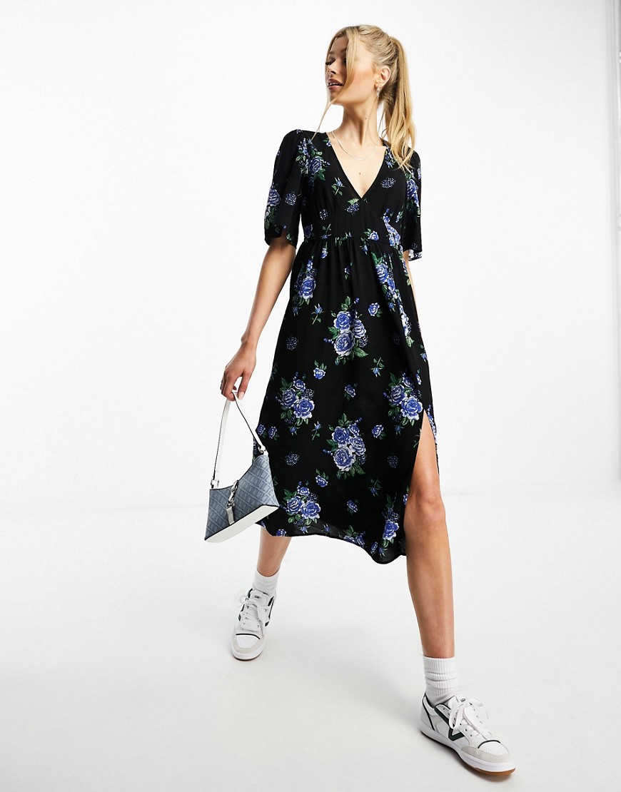 Monki short sleeve midi dress with floral print in black