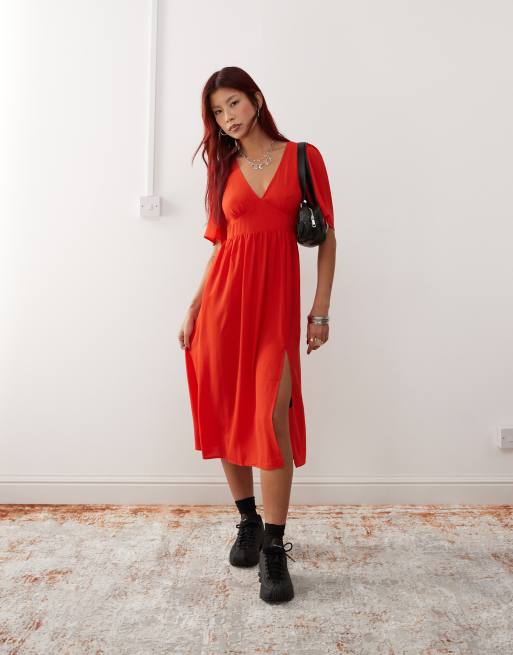 Monki short sleeve midi dress with side slit in red