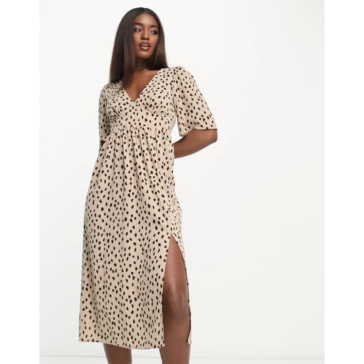 Monki short sleeve midi dress with side split in beige print | ASOS