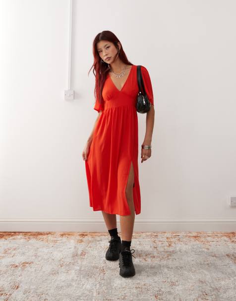 Monki short sleeve midi dress with side split in red - view 1