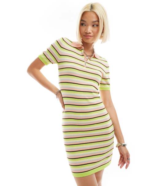 Monki short sleeve midi polo knit tennis dress in multi stripe - view 1