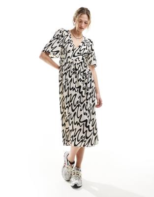 short sleeve midi sun dress with side split in mono abstract print exclusive to ASOS-Multi