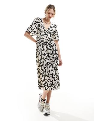 Monki Short Sleeve Midi Sun Dress With Side Split In Mono Abstract Print Exclusive To Asos-multi