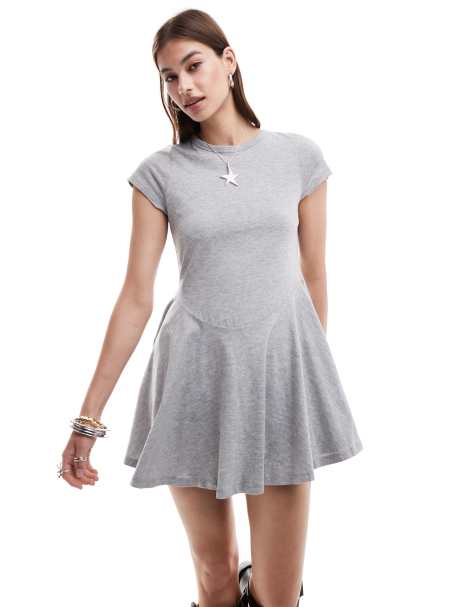 Monki short sleeve mini jersey dress with an a-line skirt in grey melange - view 1