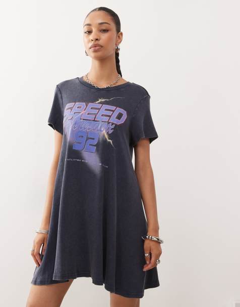 Monki short sleeve mini t-shirt dress with dropped waist detail and 'speed' print in blue   - view 1