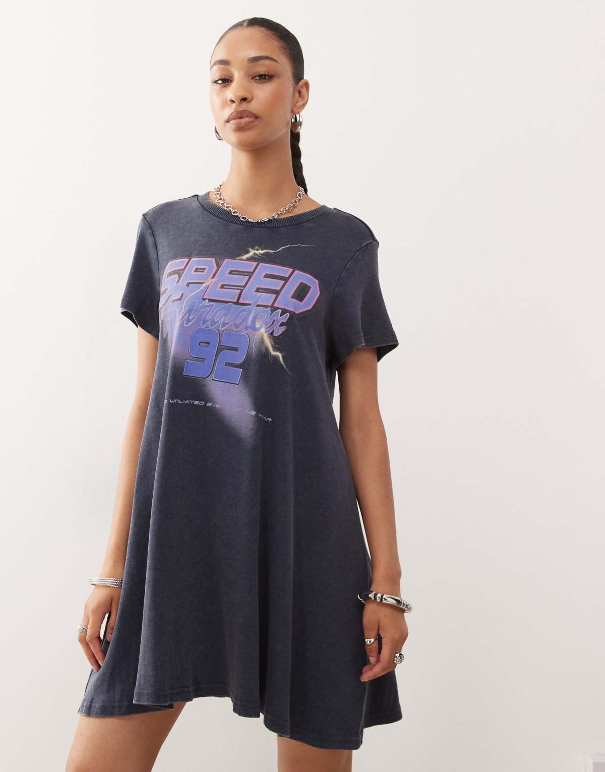 Monki short sleeve mini t-shirt dress with dropped waist detail and 'speed' print in blue