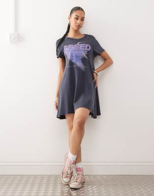 Monki Short Sleeve Mini T-shirt Dress With Dropped Waist Detail And 'speed' Print In Blue