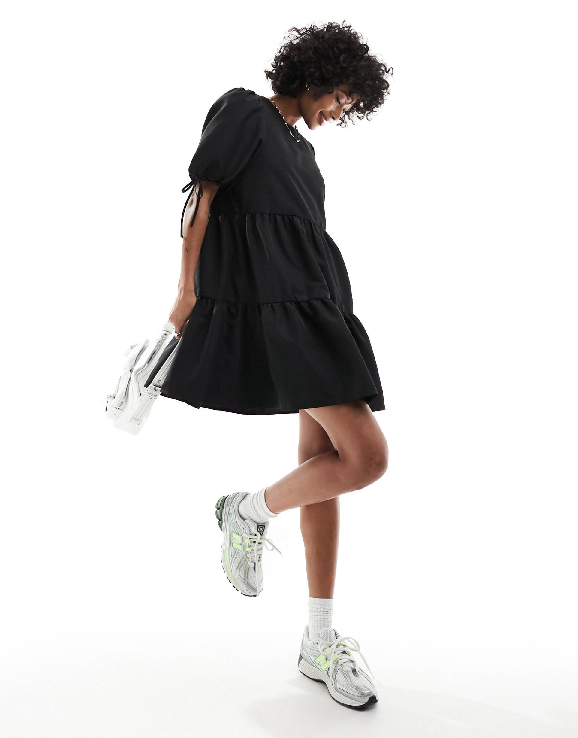 monki short sleeve mini tiered dress with bow detail in black