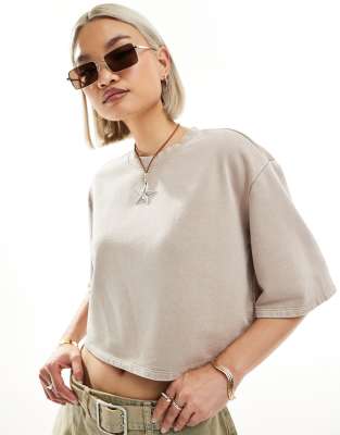 Monki Short Sleeve Relaxed Fit Cropped T-shirt In Mole Beige Acid Wash-neutral