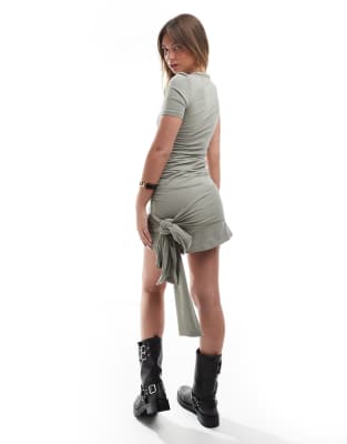 Monki Short Sleeve Ruched Mini Dress With Drape Detail In Green