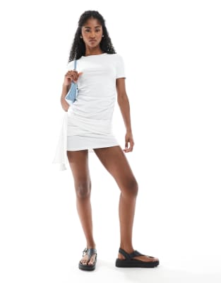Monki Short Sleeve Ruched Mini Dress With Drape Detail In White