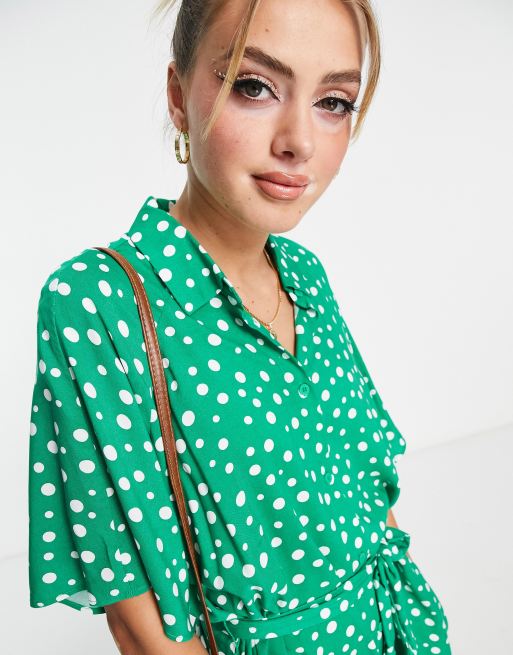 Monki short sleeve shirt dress in green spot print