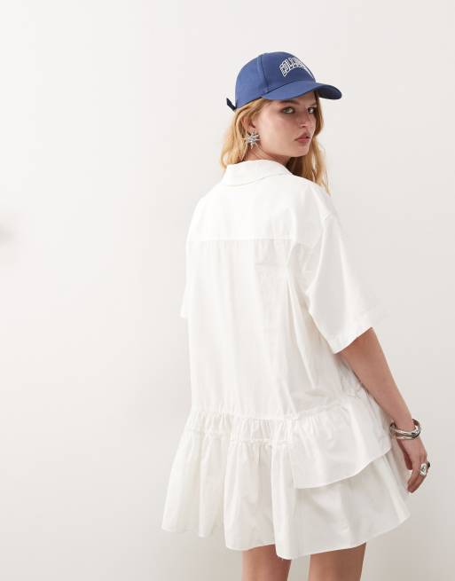 Monki short sleeve shirt dress with tiered hem in white, 3 of 4