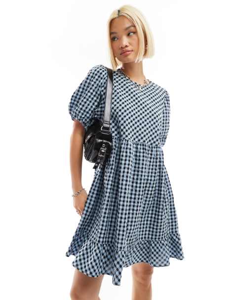 Monki short sleeve smock mini dress in blue check - view 1