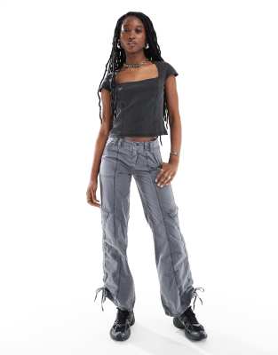 short sleeve square neck top in black washed