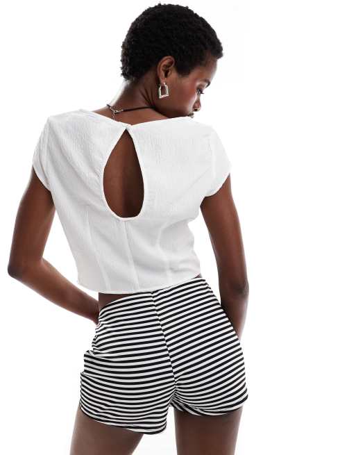 Monki short sleeve square neck top with open back in off white