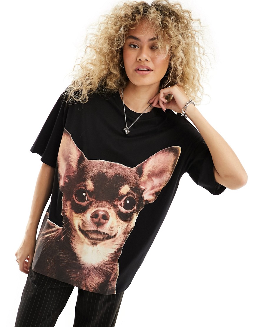 Monki short sleeve t-shirt in black with doggie front print-Multi