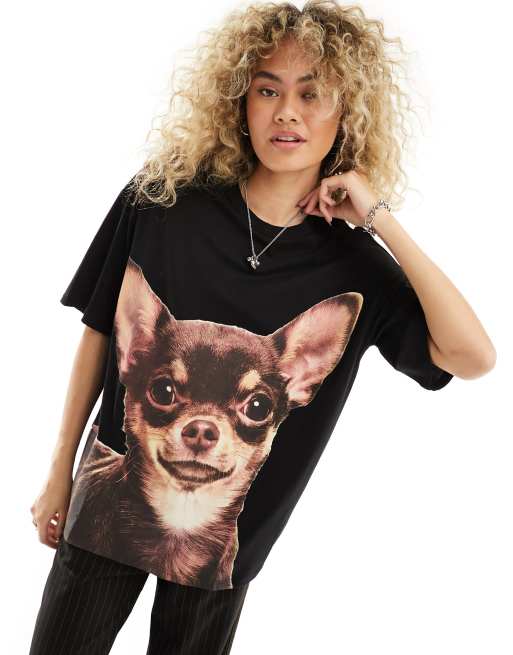 Monki short sleeve T-shirt in black with doggie front print