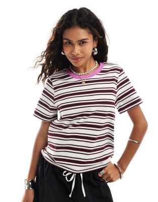 Monki short sleeve t-shirt in burgundy stripe with pink contrast collar-Purple