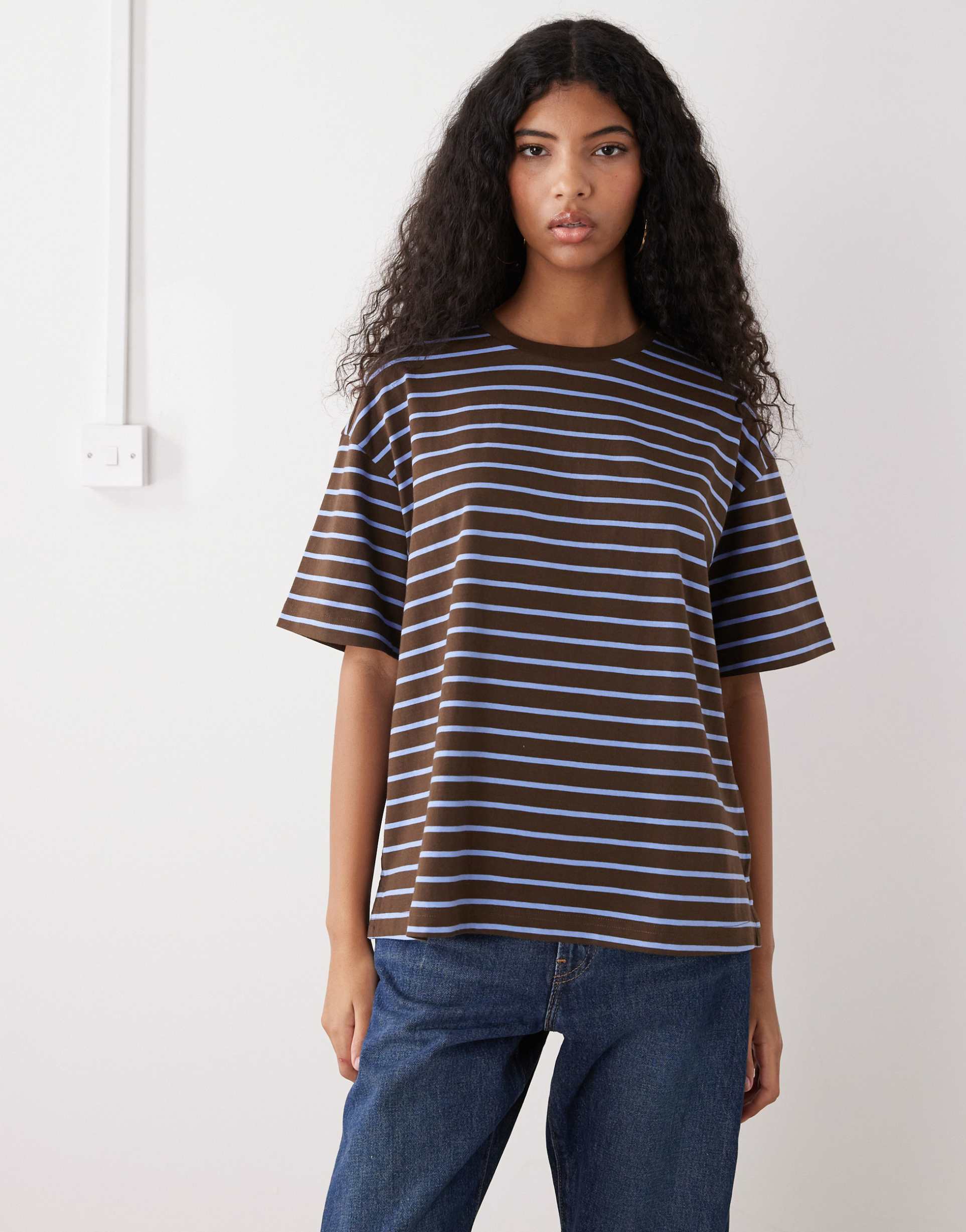 monki short sleeve t-shirt in chocolate and blue stripe