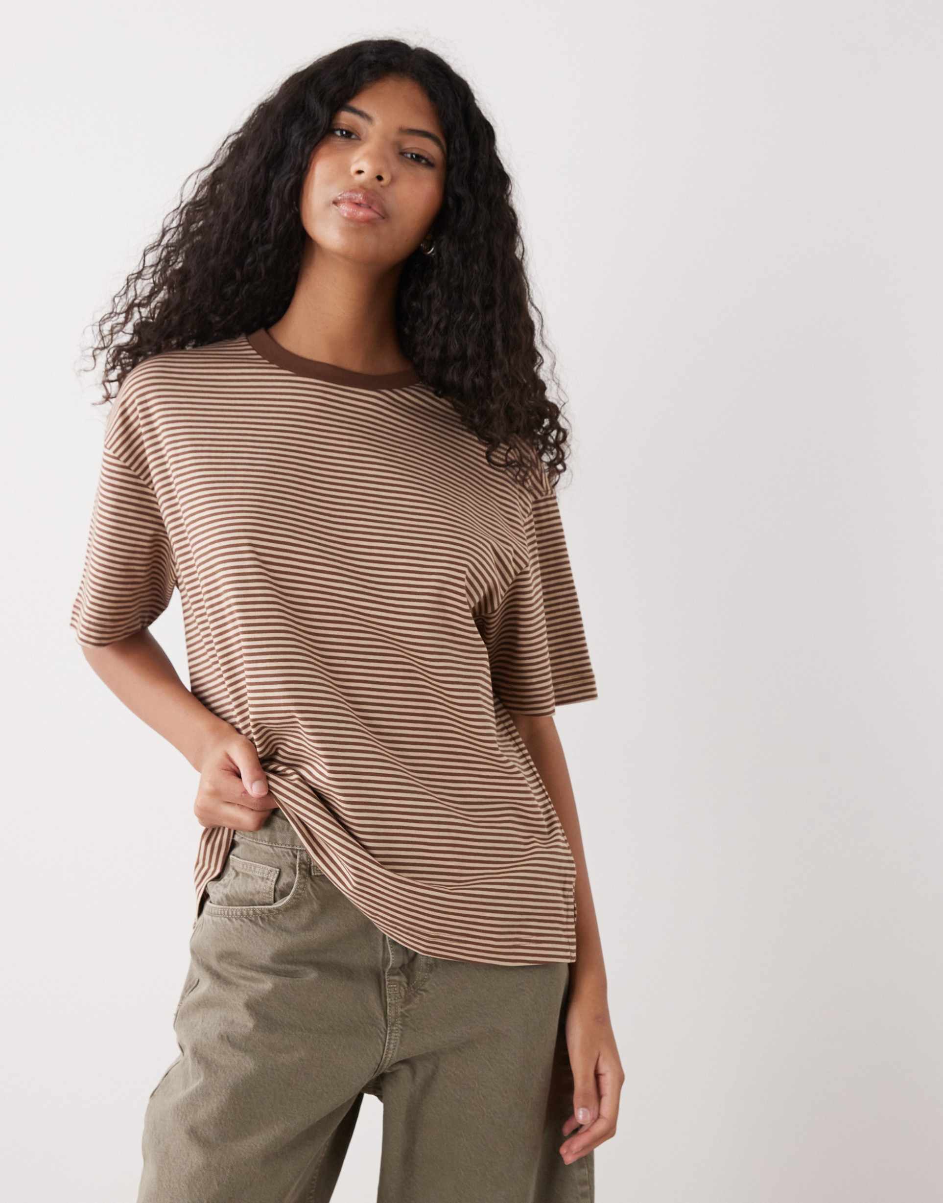 monki short sleeve t-shirt in tonal brown stripe