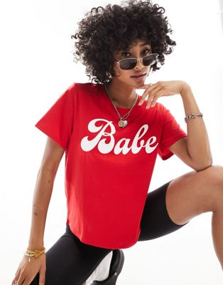 Monki Short Sleeve T-shirt With Front 'babe' Graphic In Red