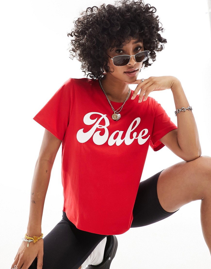 Monki short sleeve t-shirt with front ’babe’ graphic in red