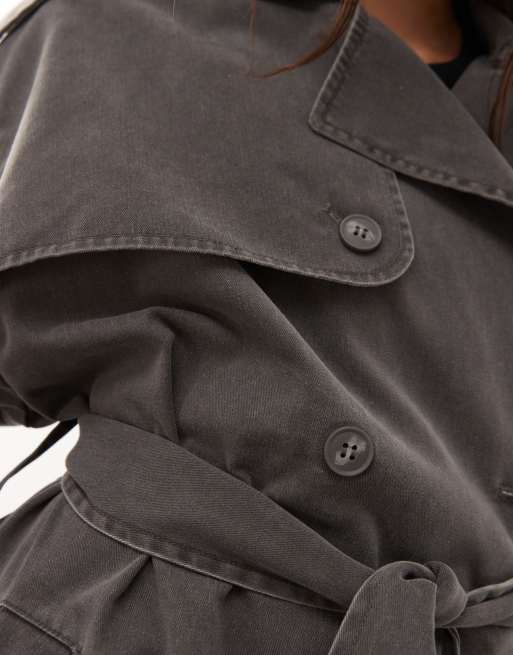 Monki short twill trench coat in washed black