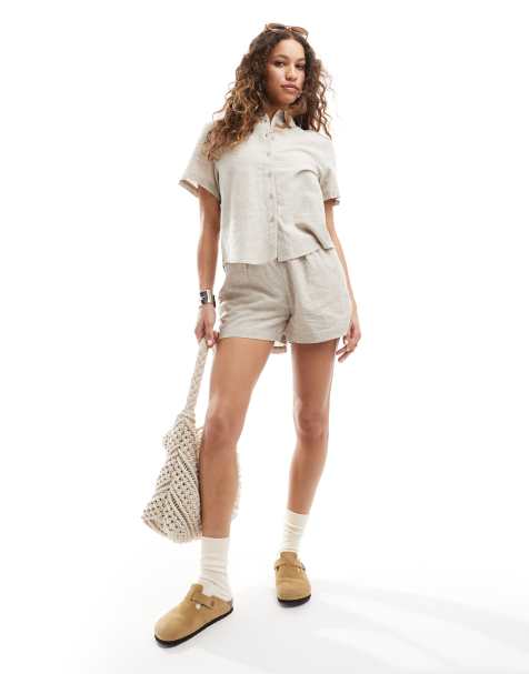Monki – Shorts aus Leinenmix in Beige mit Tunnelzug in der Taille, Kombiteil - view 1