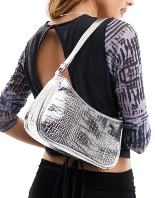 Monki shoulder bag in textured silver
