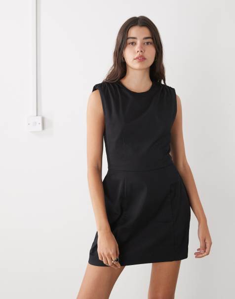 Monki shoulder pad cinched waist volume skirt mini dress in black - view 1