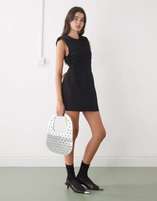 Monki Shoulder Pad Cinched Waist Volume Skirt Mini Dress In Black