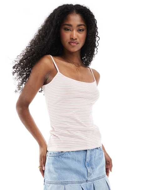 Monki shrunken strappy singlet top in red and white stripe - view 1