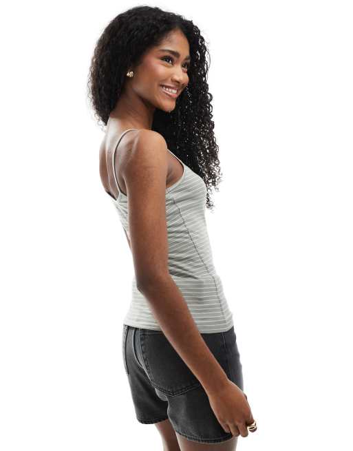 Monki shrunken strappy tank top in khaki and white stripe, 3 of 4