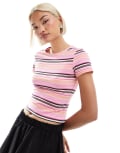 [Monki] Monki shrunken t-shirt in pink multi stripe XS Pink multi